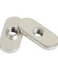 Close-up of nickel-plated T-nuts for 10 series T track extrusions. Focus on Twenty Pack One Quarter Inch Twenty Centered Hole Sliding T Nuts.