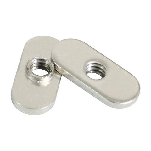 Close-up of nickel-plated T-nuts for 10 series T track extrusions. Focus on Twenty Pack One Quarter Inch Twenty Centered Hole Sliding T Nuts.