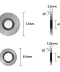 Top Tier Tungsten Carbide Wood Lathe Turning Inserts 16 Piece Heavy Duty Replacement Set dimensions and details of two inserts.