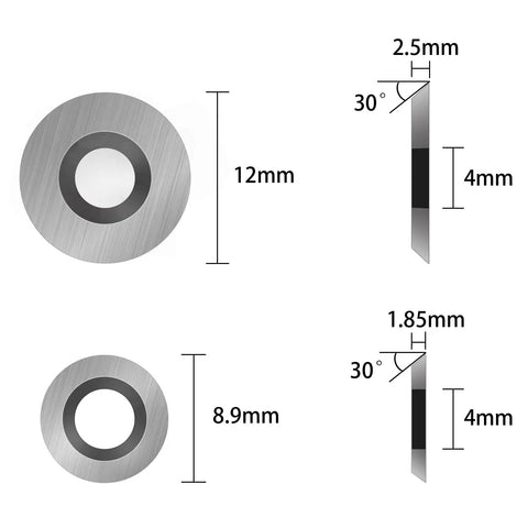 Top Tier Tungsten Carbide Wood Lathe Turning Inserts 16 Piece Heavy Duty Replacement Set dimensions and details of two inserts.