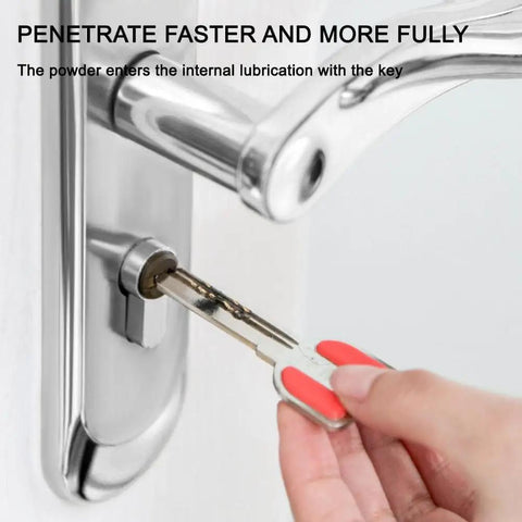 Inserting key into lock with All Season Graphite Lock Lubricant With Smart Straw Spray For Stuck Locks Sliding Doors And Garage Doors