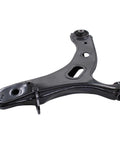 Front view of black front lower left suspension control arm with ball joints for Subaru Legacy Outback 2010 to 2014.