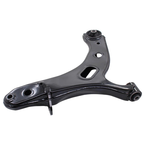 Front view of black front lower left suspension control arm with ball joints for Subaru Legacy Outback 2010 to 2014.