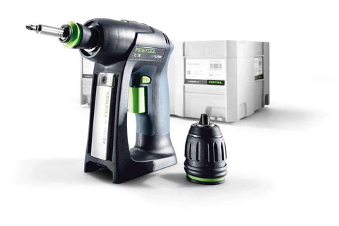 Badass Bare Cordless Power Drill Featuring Centrotec Quick Change System And Angle Attachment showing compact design and chuck.