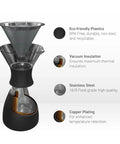 Cross-section view of Insulated 32 Oz Pour Over Coffee Carafe With Double Wall Vacuum Stainless Steel Filter And Take On The Go Burgundy Brew Maker showing eco-friendly materials.
