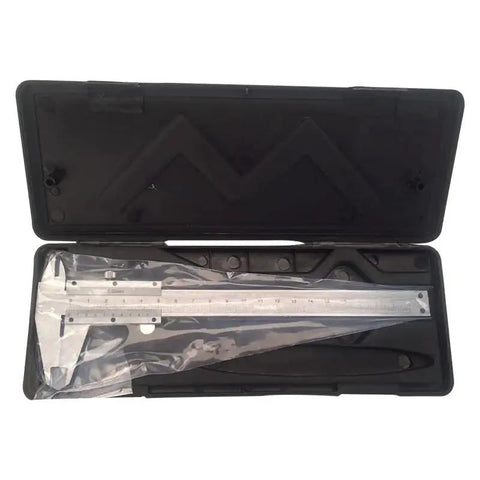 YMGSCC Alloy Scale 150MM Vernier Caliper in a black case, showing polished stainless steel body and protective packaging.