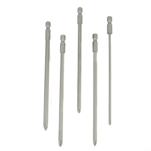 5 Piece Long Screwdriver Bits Set With Strong Magnetic Hold And Extra Tough Alloy Steel Construction For Electric Drill Driver Manual Use Featuring 1/4 Inch Hex Shank PH1 And PH2 Tips For Super Fast High Torque Fastener Jobs That Rock. Five long PH1 and PH2 magnetic bits shown on white background.