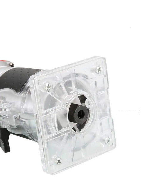 Close-up of Palm Router Electric Hand Trimmer for Woodworking and Laminate Edges, 110V 800W, with transparent guide and aluminum base.