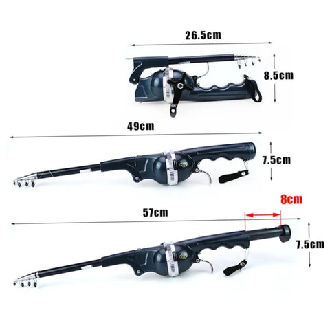 Pocket Size Baitcasting Rod Kit With Telescopic Rod And Included Reel And Line, showing three sizes extended and retracted