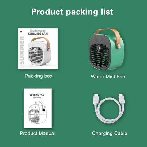 Product packaging of Cordless Mini AC With 6000mAh Battery, USB Powered Personal Cooling Unit including fan, manual, and cable.