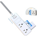 Badass Us Plug Ac Outlet Multitap Power Strip With Five Ft Extension Cord and Heavy Duty Surge Protector, top view showing three outlets and a switch.
