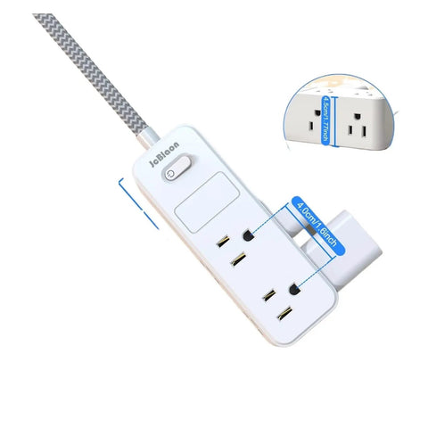 Badass Us Plug Ac Outlet Multitap Power Strip With Five Ft Extension Cord and Heavy Duty Surge Protector, top view showing three outlets and a switch.