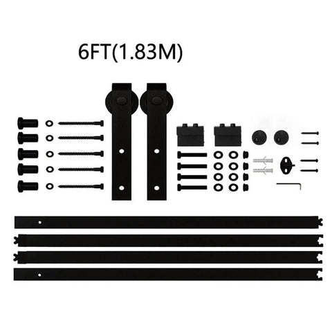 Heavy Duty Barn Door Track Kit With Hook Hanger And Smooth Guide Rail Roller System Rust Resistant Sliding Door Hardware Set With Full Accessories Built To Last And Easy Install For Home Projects 1.83m Package A, black steel components laid out.