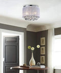 Chic Net Yarn Drum Chandelier Three Light White Crystal Ceiling Fixture in bedroom setting with decor