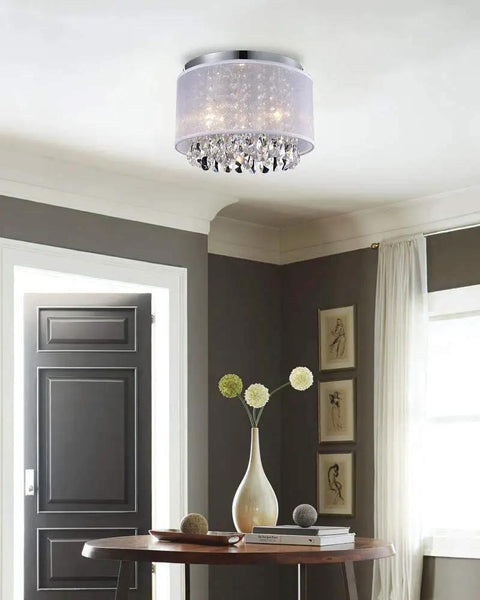 Chic Net Yarn Drum Chandelier Three Light White Crystal Ceiling Fixture in bedroom setting with decor