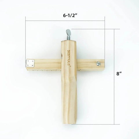 Front view of BESTNULE leather strap cutter with wooden handle and crossbar ruler, 6-1/2 in wide by 8 in tall