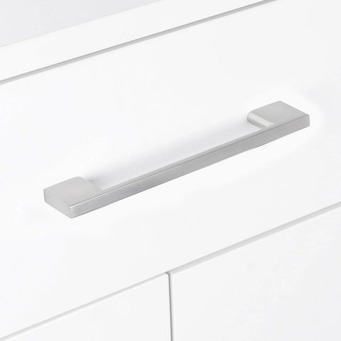 Close-up of installed 10 Pack 5 Inch Brushed Satin Nickel Cabinet Pulls Zinc Alloy Drawer Handles on a white cabinet, brushed finish.