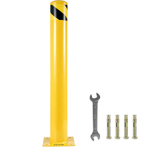 Rock Solid Steel Safety Bollard 42 Inch Tall 4.5 Inch Diameter Yellow Powder Coat Impact Resistant Traffic Guard With Anchor Bolts Built Tough For Driveways Parking Lots And Business Gates Easy Install next to installation tools.