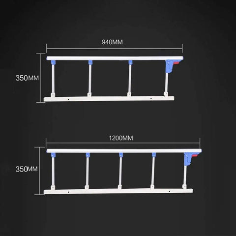 Foldable Bed Rail For Elderly And Adults, No-Fuss Assembly Safety Guard For Beds, shown in two size measurements, white aluminum