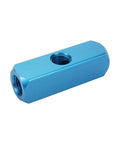 Blue aluminum component from Four Pack One Quarter Inch Two Way Five Port Pneumatic Manifold Block Aluminum Air Hose Inline Splitter Kit