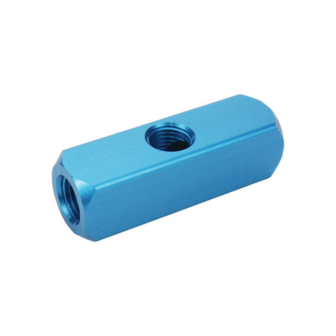 Blue aluminum component from Four Pack One Quarter Inch Two Way Five Port Pneumatic Manifold Block Aluminum Air Hose Inline Splitter Kit