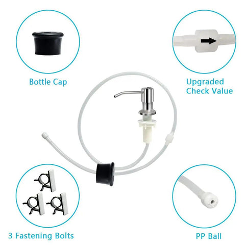 Brushed Nickel Kitchen Soap Dispenser With 47 Inch Silicone Extension Tube Direct Fill Design No Hassle Refills Easy Countertop Install for sinks with bottle cap, fasteners, and check valve shown.