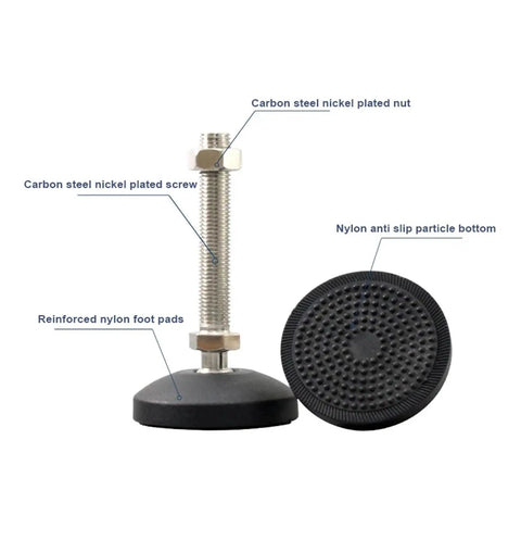 Adjustable Furniture Leveler Feet With Smart Tilt And Easy Height Trim To Knock Out Wobbles And Keep Your Setup Rock Solid On Bumpy Floors Carbon Steel Nylon Glide Pads M12 Thread Set Of 4 showing carbon steel screw and nylon foot pads.