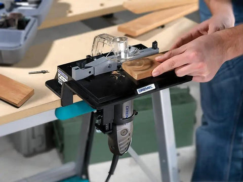 Portable Rotary Tool Shaper And Router Table Attachment For Woodworking in use, converting tool into bench mount precision shaper