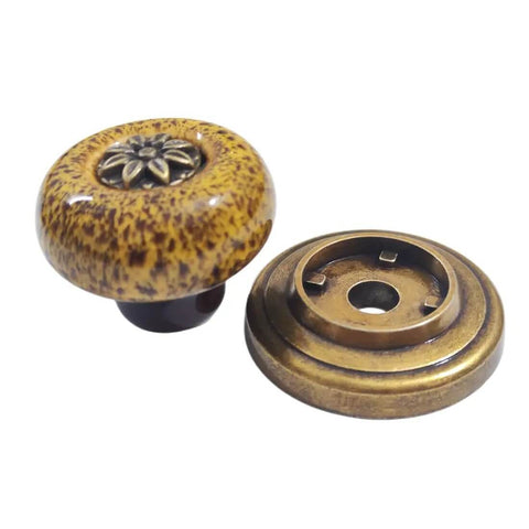 Super Cool Yellow Leopard Ceramic Cabinet Knobs 5 Pack Groovy Petal Cupboard Pulls With Rustic Zinc Backplate Smart Diy Install For Kitchen Drawers Wardrobe Door Decor Vibe, yellow ceramic knob with bronze backplate.