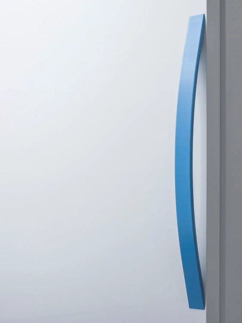 Heavy Hitter Upright All Freezer With Dead On Temp Accuracy And Nist Data Logger With High Low Alarm Built For Pharmacy Vaccine Storage Left Hand Door Swing handle detail on a white freezer.