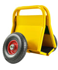 Heavy Duty Panel Dolly With 1000 Pound Capacity Rock Hard Steel Frame Smooth Rolling Ten Inch Rubber Tires side view with one wheel