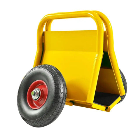 Heavy Duty Panel Dolly With 1000 Pound Capacity Rock Hard Steel Frame Smooth Rolling Ten Inch Rubber Tires side view with one wheel
