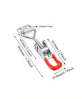 Four Piece Quick Release Latch Clamp Set In 304 Stainless Steel For Boxes Panels And Toolboxes, Adjustable Release Mechanism For Leveling And Secure Fastening, Weatherproof Silver, close-up view with dimensions and red handle.