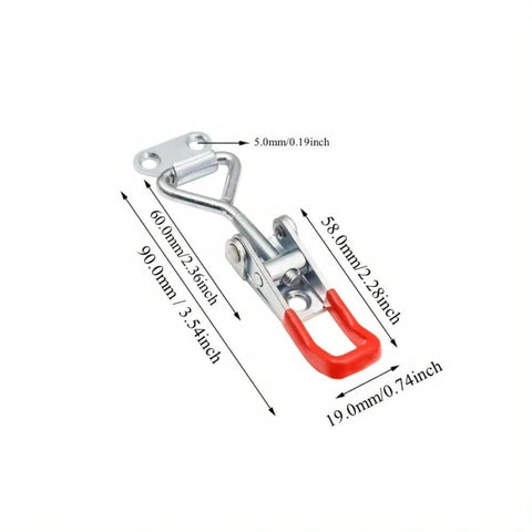 Four Piece Quick Release Latch Clamp Set In 304 Stainless Steel For Boxes Panels And Toolboxes, Adjustable Release Mechanism For Leveling And Secure Fastening, Weatherproof Silver, close-up view with dimensions and red handle.