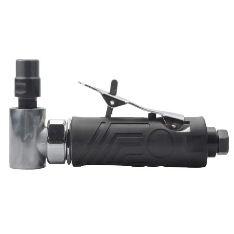 Slick 1/4 Inch Pneumatic Angle Die Grinder With Rubber Grip Sleeve, 90-degree angle head for tight spaces, lightweight design.