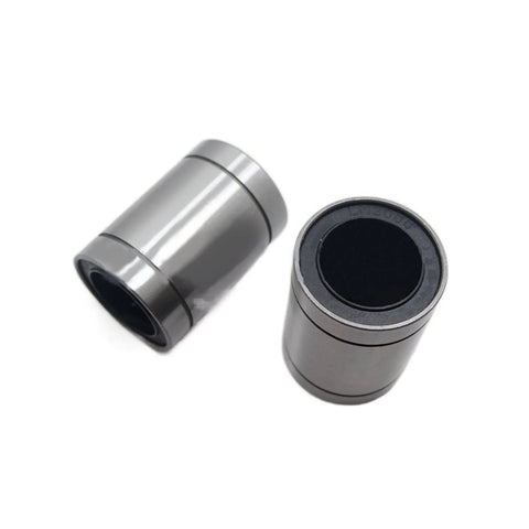 Two LM8 linear bearings (8x15x24 mm) in steel; one side view, one top/bore view.