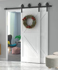 Sliding Barn Door Hardware Kit With Big Rollers Bent Hanger System For Double Doors Black Finish in modern living room setting.