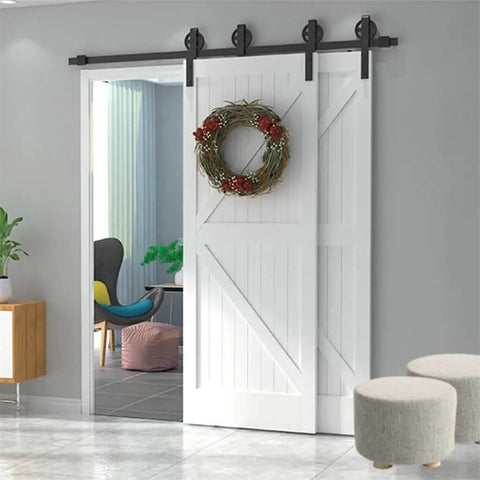 Sliding Barn Door Hardware Kit With Big Rollers Bent Hanger System For Double Doors Black Finish in modern living room setting.