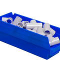 Heavy Duty Plastic Shelf Bins For Garage, Closet And Drawer Organization, 12 By 4 By 4 Inches, Blue, 24 Pack, filled with pipes