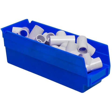 Heavy Duty Plastic Shelf Bins For Garage, Closet And Drawer Organization, 12 By 4 By 4 Inches, Blue, 24 Pack, filled with pipes