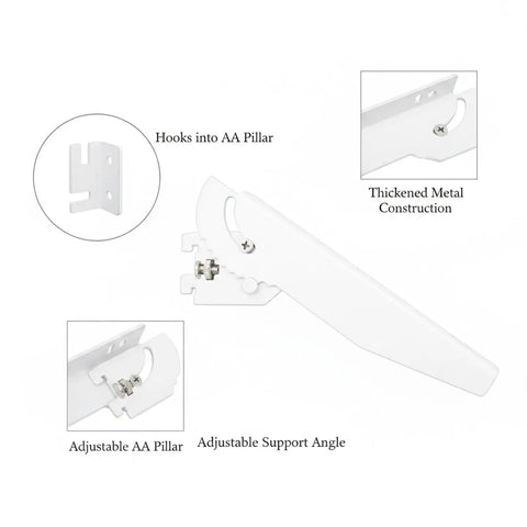 Adjustable Metal Shelf Bracket for Standard AA Pillar Slots with hooks, thickened metal construction, adjustable support angle