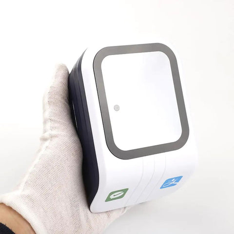 White Hands Free Desktop Barcode Scanner With Auto Sensor For Supermarkets, Retail Stores And Restaurants, held in a gloved hand.