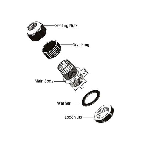 Diagram of Nylon Cable Gland Kit Waterproof IP68 Set With Adjustable Locknut Joints For M8 M10 M12 M16 M18 M20 Army Green 10 Piece Pack.