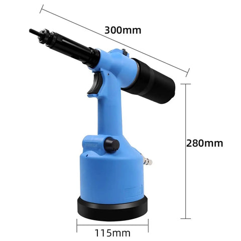 Full Auto Pneumatic Hydraulic Rivet Nut Gun Set M3 To M12 One Click Reversal 7Mm Stroke side view with dimensions 300mm x 280mm x 115mm.
