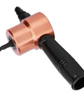 Double Headed Metal Nibbler Drill Attachment For Sheet Metal And Roofing Cuts shown with ergonomic grip and dual heads