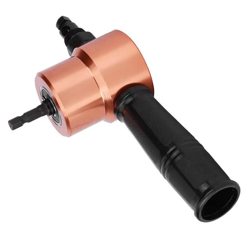 Double Headed Metal Nibbler Drill Attachment For Sheet Metal And Roofing Cuts shown with ergonomic grip and dual heads