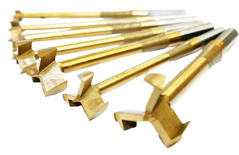 Top Shelf 7 Piece Multi Curve Angle Forstner Drill Bit Set With Heavy Duty Titanium Coating showing titanium-coated drill bits.