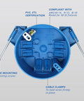 Round Plastic Electrical Ceiling Box With Ground Lug For 1 Gang 4 Inch Diameter Circuits Blue ETL Listed showing cable clamps.