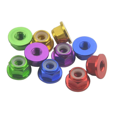 Heavy Duty M4 Aluminum Nylon Lock Nuts 25 Pack Flange Self Locking Inserts in various colors for RC drone FPV builds and 1/10 scale cars.