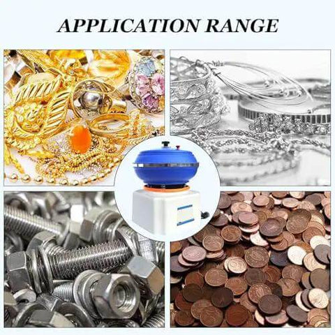 Heavy Duty Vibratory Tumbler Bowl for Metal Polishing shown with jewelry, coins, and hardware for finishing applications.